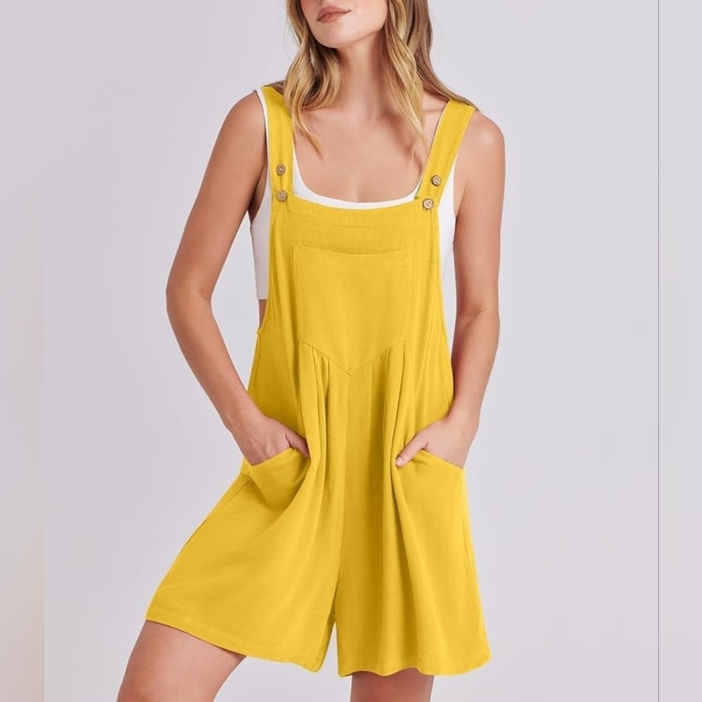 Anrabess Romper Linen Rayon Adjustable Straps Loose Wide Leg Yellow Size Large